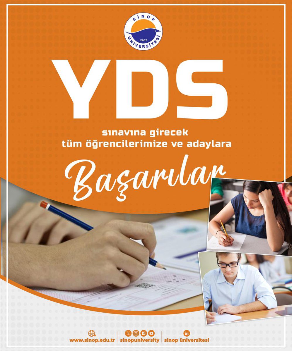 🎓 Yabancı Dil Bilgisi Seviye Tespit Sınavı (YDS)’na katılacak tüm öğrencilerimize ve adaylara başarılar dileriz. 

#SinopÜniversitesi