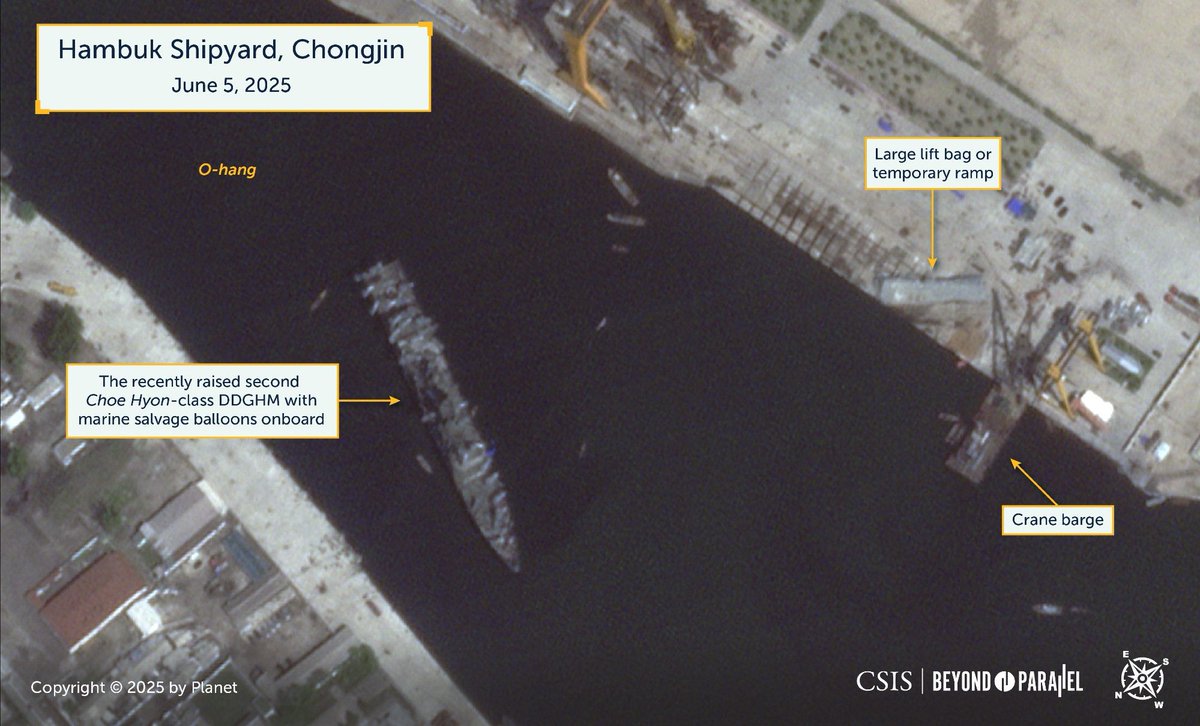🚢 North Korea’s second destroyer in 4 images:
1️⃣ Pre-launch
2️⃣ Failed launch
3️⃣ Salvage operations
4️⃣ Raised and upright

Explore full analysis via @csis Beyond Parallel:
🔗 beyondparallel.csis.org/tag/chongjin/