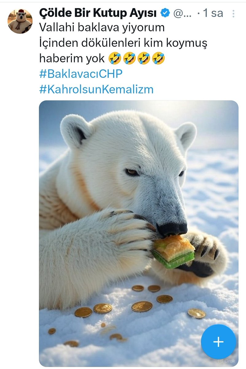 x.com/KutupluPutAvcs…
BAHTSIZ BEDEVİ CHP
KUTUP AYISINA BAKLAVA İKRAM ETMİŞ... 
BAKLAVA BİTİNCE BAKALIM NE OLACAK...