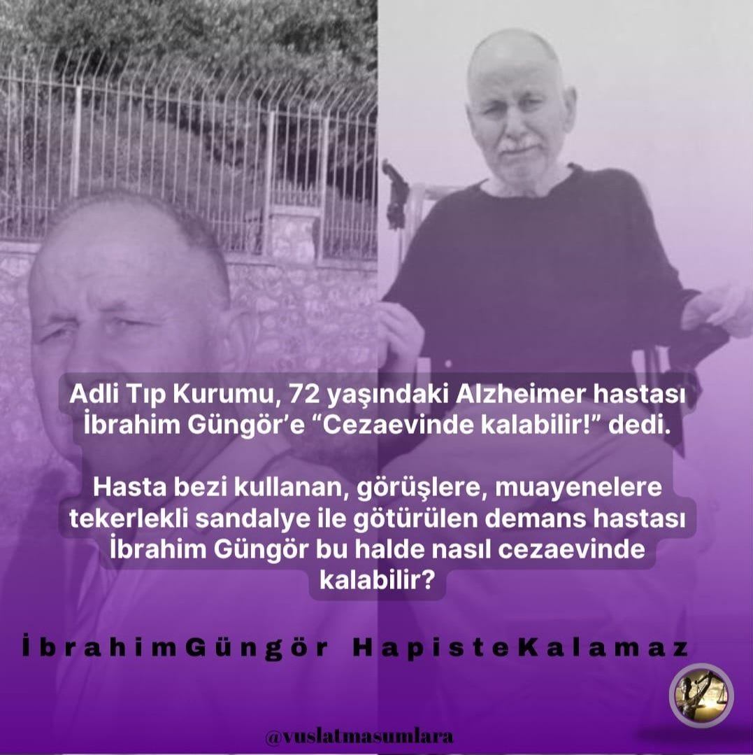 Bir insan düşünün: Alzheimer hastası, konuşamıyor, yürüyemiyor, altına bez bağlıyor.
Ve bir devlet düşünün: Bu adama “cezaevinde kalabilir” diyor!
Bu vicdansızlık değilse nedir?
<a href="/ADLITIPKURUMU/">Adli Tıp Kurumu</a>
<a href="/adalet_bakanlik/">T.C. Adalet Bakanlığı</a>
<a href="/AliYerlikaya/">Ali Yerlikaya</a>
İbrahimGüngör HapisteKalamaz