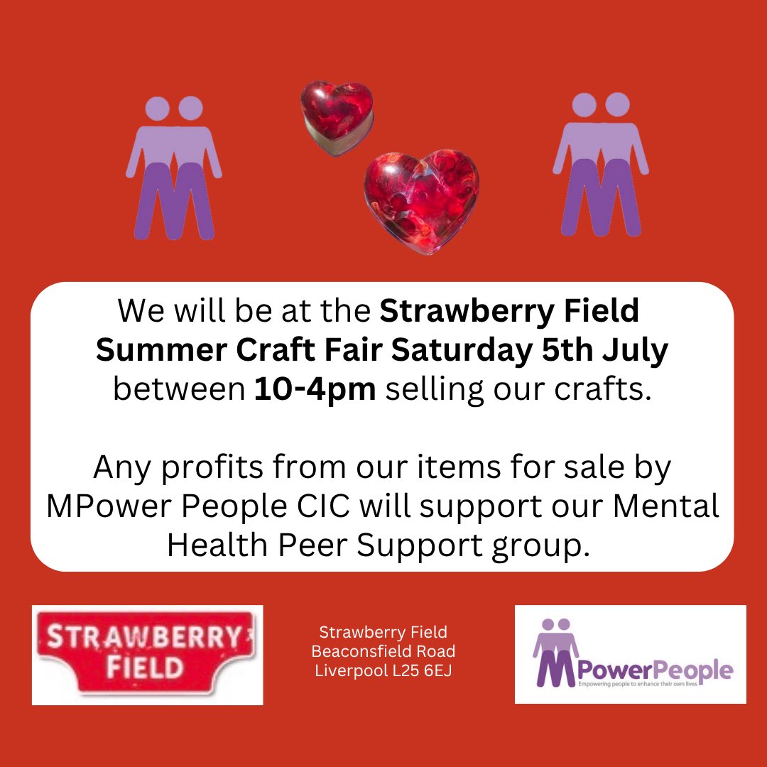 MPowerPeople's tweet photo. 🎨 Come visit Mpower People CIC at the Strawberry Field Fete Sat 5 July!

Our Mental Health Peer Support group is selling handmade crafts – all profits fund art supplies &amp; peer support 💜

📍 Strawberry Field, 10am–4pm
🎶 Free entry, live music, local makers!
#LiverpoolEvents https://t.co/bbJX7O1BAl