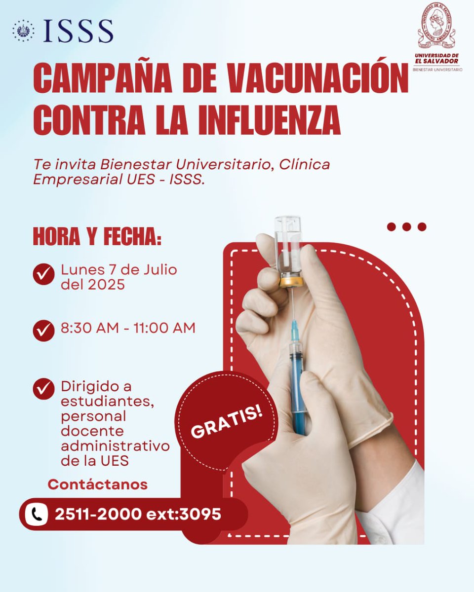 ¡Protege tu salud y la de los demás! 💉
La vacuna contra la influenza evita complicaciones graves y ayuda a frenar el contagio. ¡Un pequeño pinchazo hoy puede salvarte mañana! 🌟

Este es un esfuerzo, ejecutado en el marco de nuestro programa de Universidad Saludable. 🙌