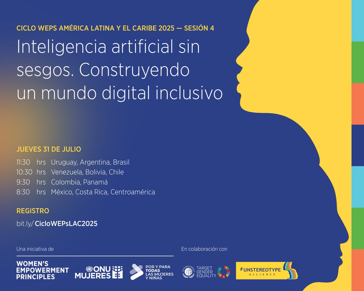 ONUMujeres's tweet photo. 🎯 La inteligencia artificial ya forma parte de nuestras decisiones. ¿Estamos asegurando que lo haga sin sesgos?
Súmate a la Sesión 4 del #CicloWEPs 2025: Inteligencia artificial sin sesgos. Construyendo un mundo digital inclusivo.
 
📆 31 JUL
🔗 Registro: https://t.co/PAq0OwW99p https://t.co/YLQkSolvpi