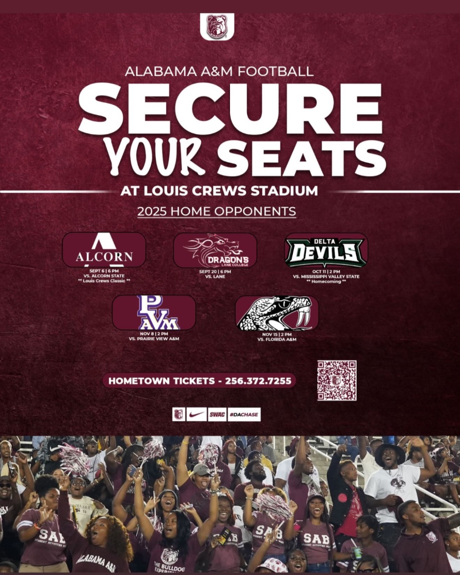 AAMU_Alumni's tweet image. 🏈 Bulldog Nation, it’s time to #SecureYourSeats at Louis Crews Stadium!
Catch AAMU at home vs:
• Alcorn (9/6)
• Lane (9/20)
• MVSU – Homecoming (10/11)
• PVAMU (11/1)
• FAMU (11/15)
🎟️ Visit zurl.co/uowKj for tickets! #AAMUFootball #TheHill