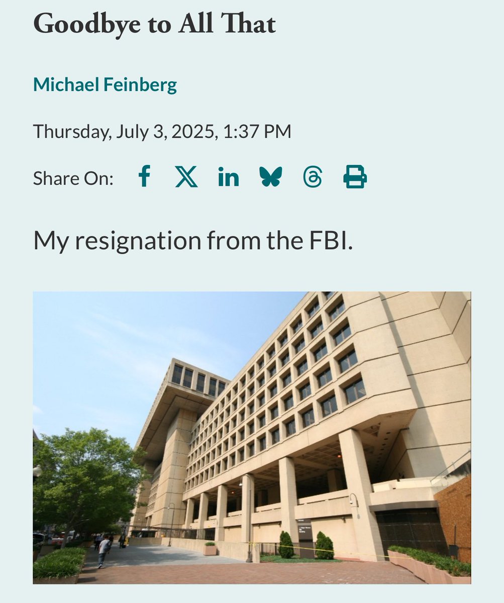 “I was in the midst of preparing for a potential move to D.C. to take on a new position at FBI headquarters…But, it turned out, I had made a terrible mistake: I had remained friends with someone who had appeared on Kash Patel’s enemies list.” 

lawfaremedia.org/article/goodby…