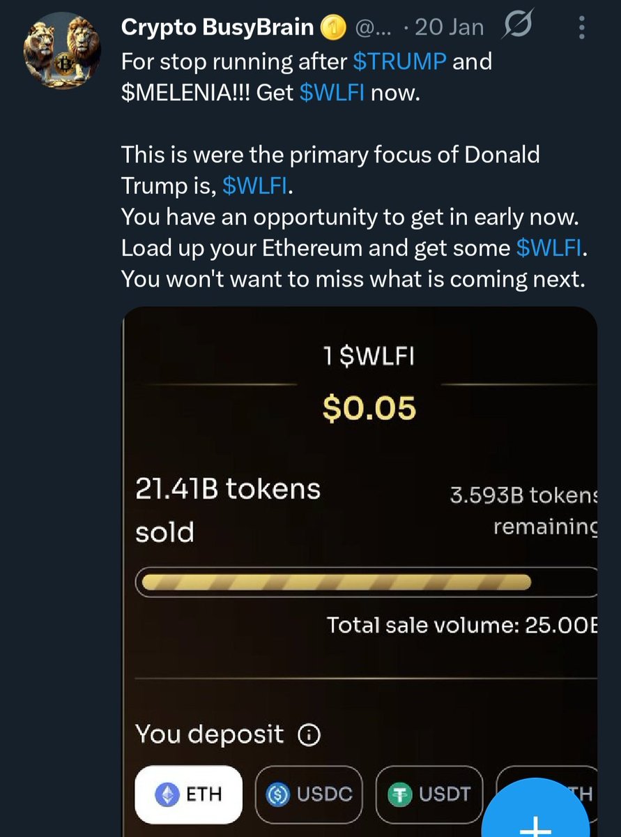 Crypto BusyBrain πͺ (@busybrain8m) on Twitter photo Months ago, When $WLFI early sales was still on. 
β
 I told u not to FOMO into $TRUMP and $MELANIA, they are not the priority.
β
οΈ I told u that the priority of Donald Trump was #WLFI
β
I advised u to buy the presale, but u didn't 
β
οΈ Now you are regretting not following me Months ago, When $WLFI early sales was still on. 
β
 I told u not to FOMO into $TRUMP and $MELANIA, they are not the priority.
β
οΈ I told u that the priority of Donald Trump was #WLFI
β
I advised u to buy the presale, but u didn't 
β
οΈ Now you are regretting not following me