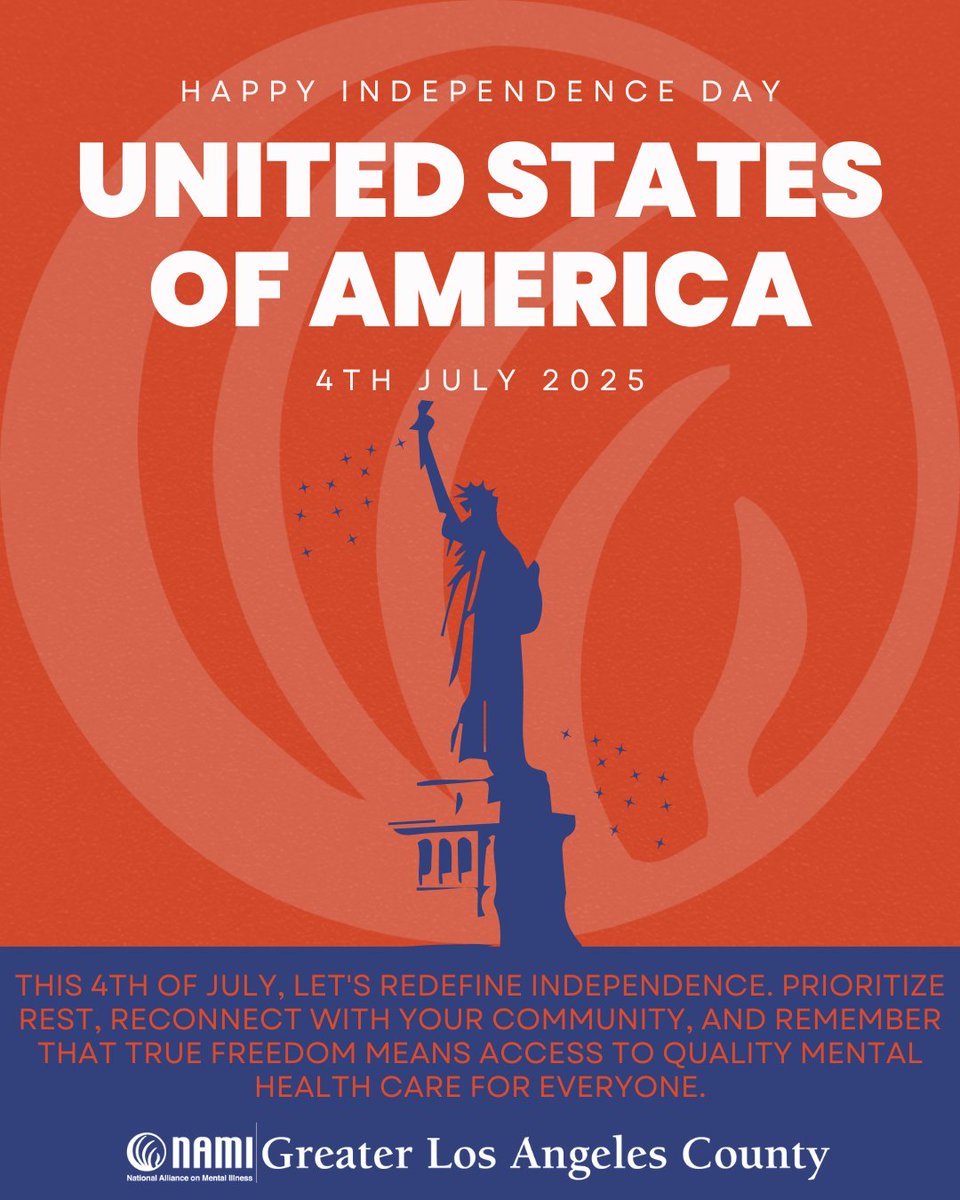 NAMIGLAC's tweet image. This 4th of July, let's redefine independence. Prioritize rest, reconnect with your community, and fight for mental health care for all. Wishing you a peaceful day! ❤️🤍💙 #IndependenceDay #RestAndRecharge #CommunityStrong #MentalHealthAdvocacy
