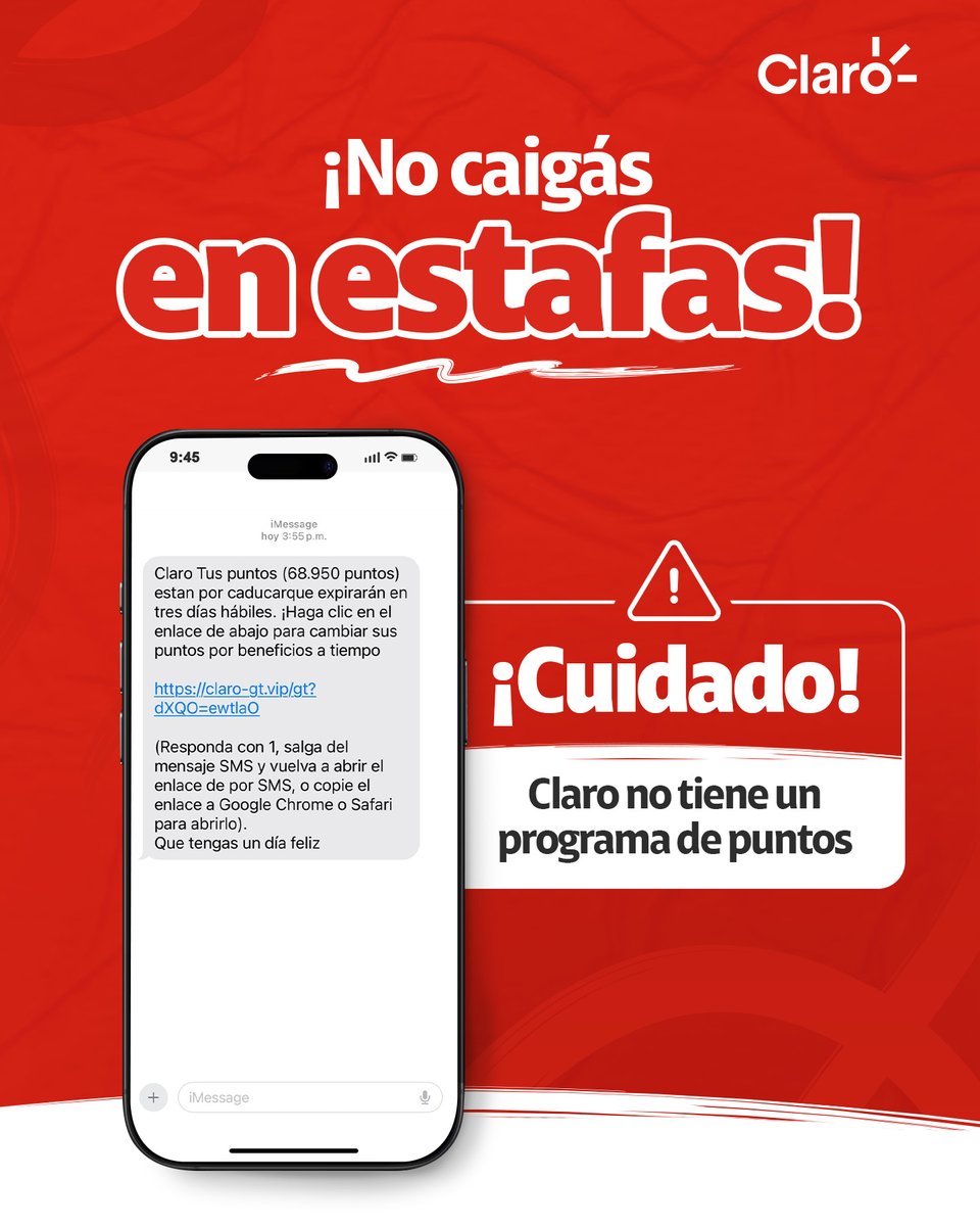 ¡Cuidá tus datos siempre! ⚠️
¡No te dejés engañar! Claro no tiene programa de puntos. Si recibís un SMS sospechoso, ignóralo y reportalo.