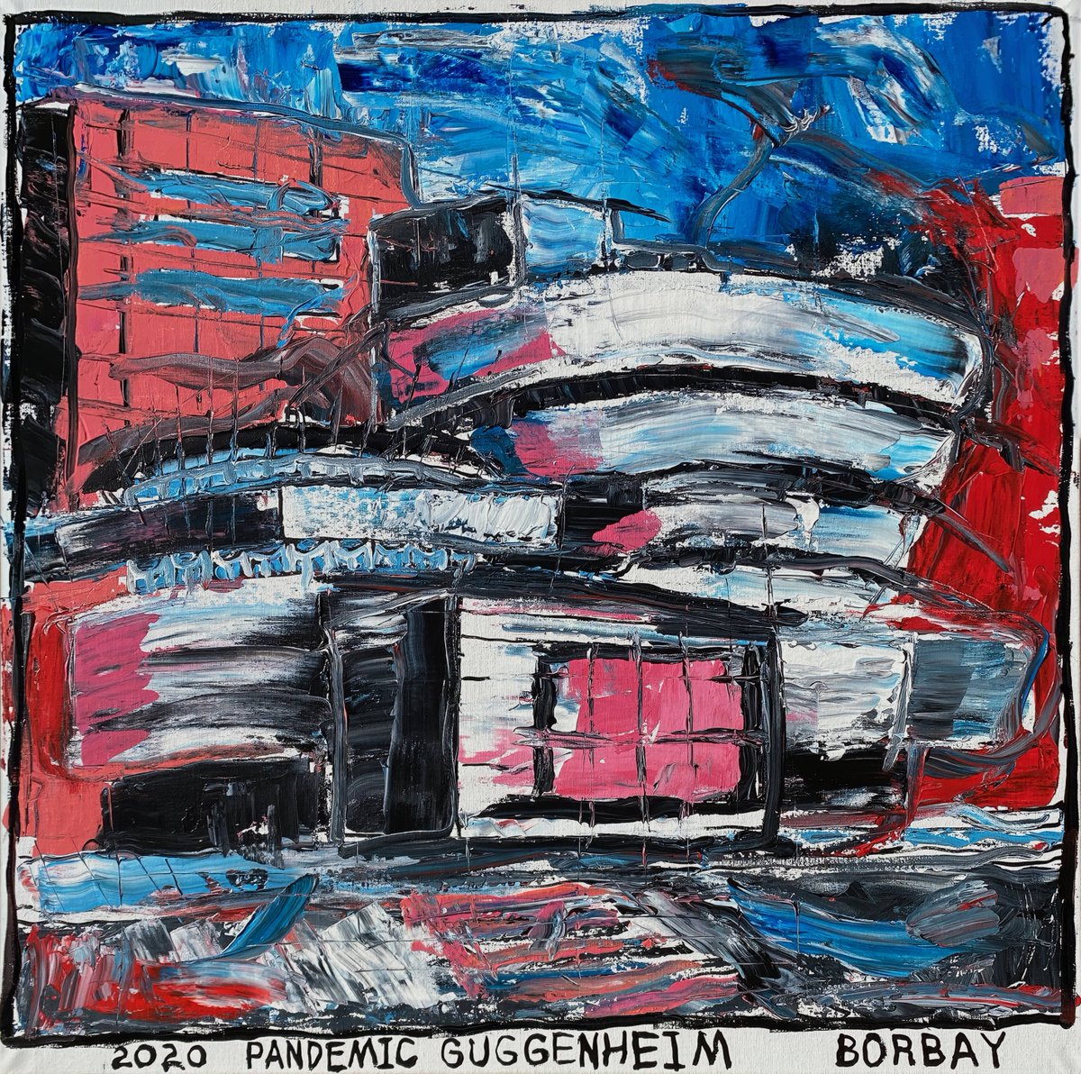 Guggenheim's tweet image. "In 2009, I decided to create a new, 30”X30” painting of the Guggenheim, each year, for 20 years. Amid COVID-19 — the rogue 'Pandemic Guggenheim' was created with a palette knife, opposite handed, in ninety minutes. I set out to capture the prescient, pre-COVID exhibition about…