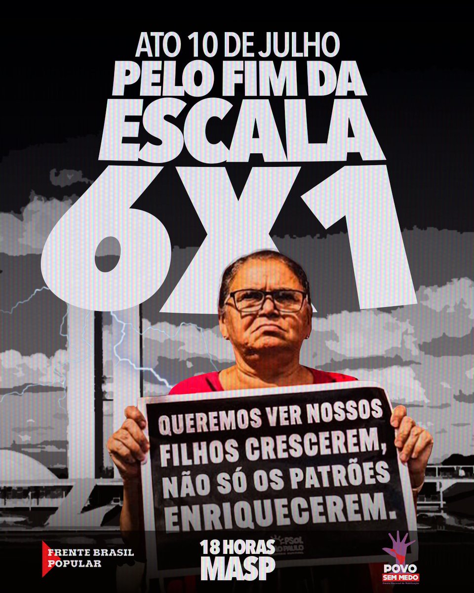 FrntPovoSemMedo's tweet photo. O centrão dia sim e dia sim ameaça votar a escala 7x0 para que o brasileiro não tenha direito nem ao descanso. 

É preciso impedir o retrocesso que é cortar do lombo do povo para manter os privilégios dos de cima, daqueles que nunca nem viram o que é uma escala 6x1.

Dia 10! https://t.co/64cxjlO4Sy