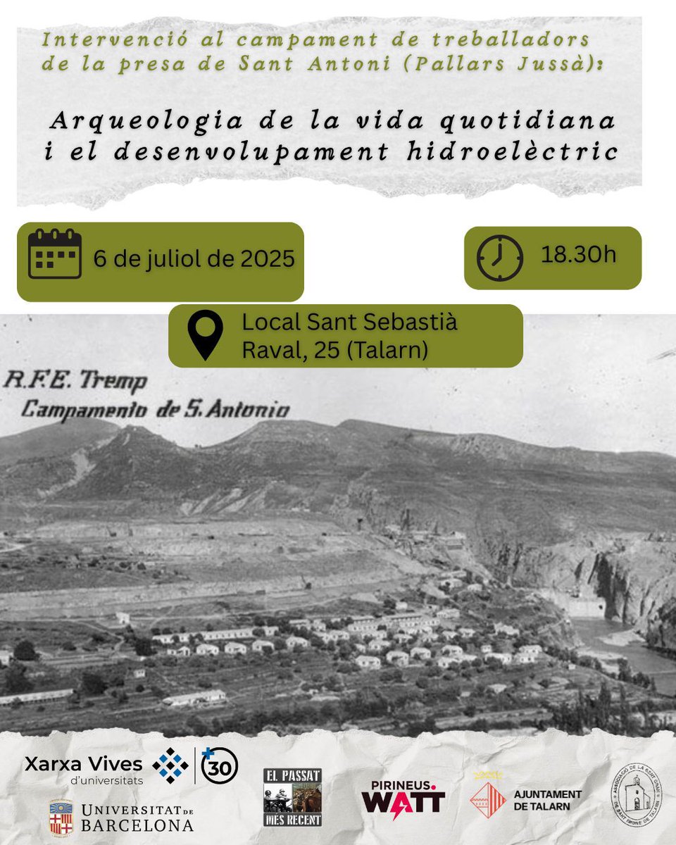 El passat més recent (@passatmesrecent) on Twitter photo Aquest diumenge les i els alumnes de pràctiques del Grau d' <a href="/arqueologia_ub/">Grau D'Arqueologia de la UB</a> compartiran en una xerrada pública a Talarn els treballs i la recerca que hem estat realitzant la darrera setmana al Campament de treballadors de la presa de Sant Antoni
#LaCanadenca #Industrialització Aquest diumenge les i els alumnes de pràctiques del Grau d' <a href="/arqueologia_ub/">Grau D'Arqueologia de la UB</a> compartiran en una xerrada pública a Talarn els treballs i la recerca que hem estat realitzant la darrera setmana al Campament de treballadors de la presa de Sant Antoni
#LaCanadenca #Industrialització