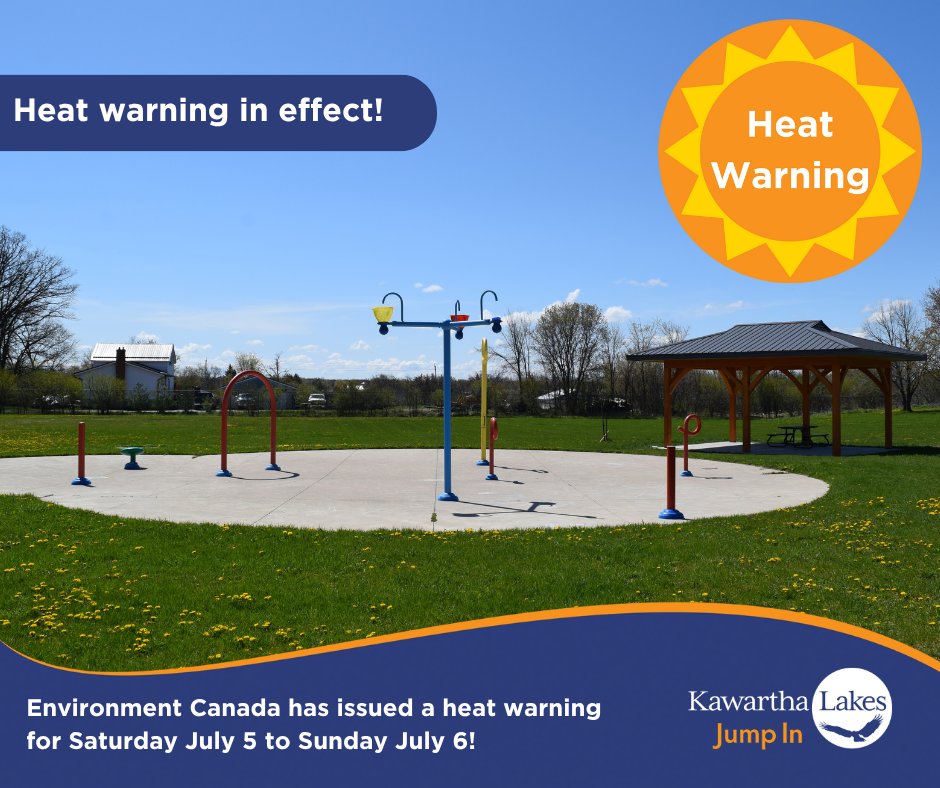 🌡️ Heat Warning in effect July 5 to 6 for Kawartha Lakes.
Temps 31°C+ and humidex 40+ expected. Stay safe:
💧 Drink water
🧓 Check on vulnerable folks
❄️ Cool down at pools, splash pads, libraries + LRC

Details: kawarthalakes.ca/en/news/heat-w…

#HeatWarning #KawarthaLakes #BeatTheHeat