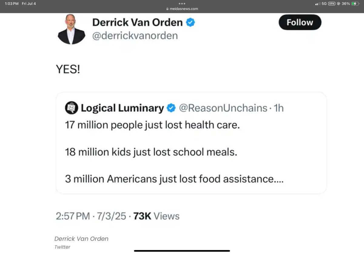 Republicans cannot contain their joy at the suffering they cause. Mass suffering has been a long time goal of the GOP. Van Orden is just saying what every Republican who voted for the MAGA Murder Bill 100% believes. 

#DemsUnited  #DemVoice1
