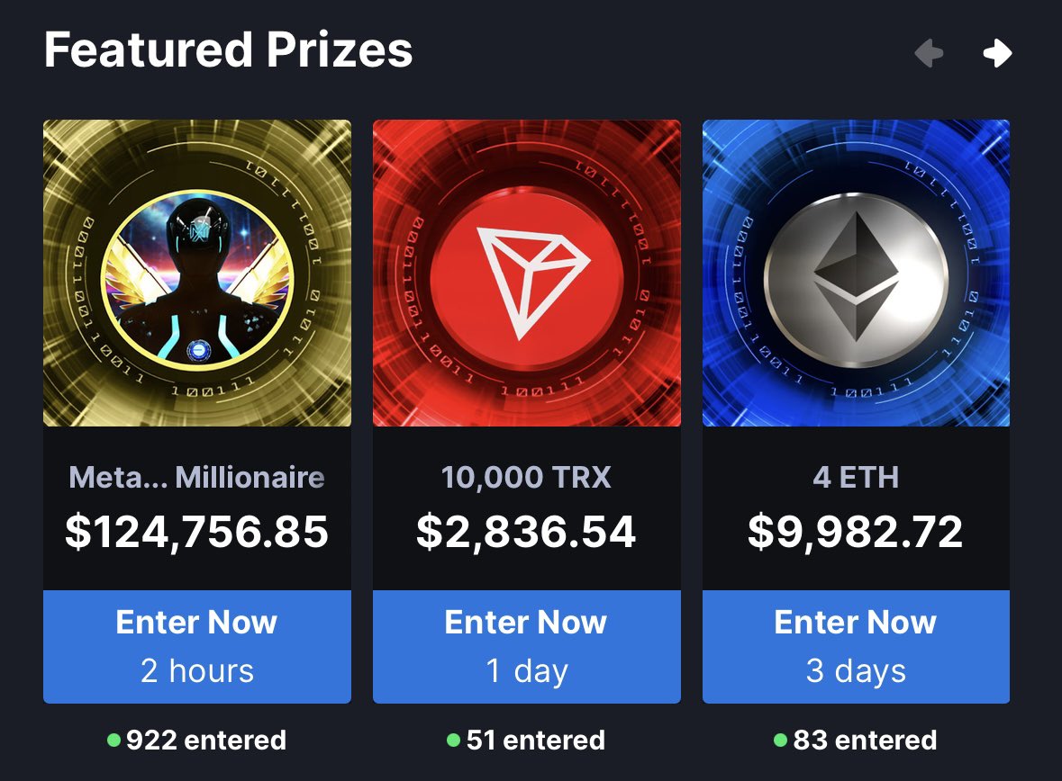 2 hours until the MetaWin Millionaire draws! 🎟️

10 individual winners will be selected and the prize pool grows larger with every entry!

Grab yours! 👇

metawin.com/prizes/29896/