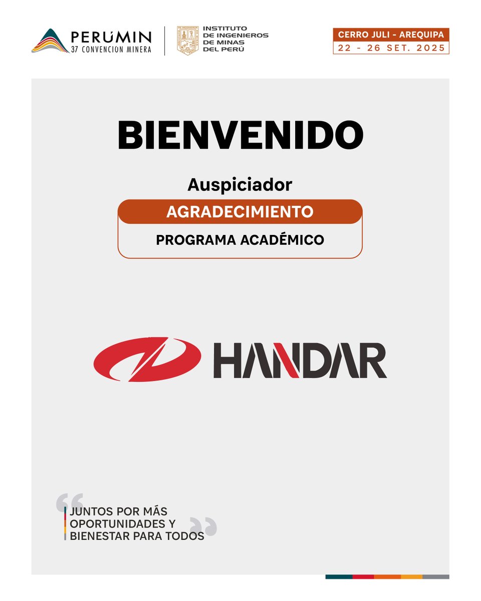 PERUMIN (@peruminoficial) on Twitter photo #PERUMIN37 | Damos la bienvenida a HONGDA EXPLOSIVOS DEL SUR como auspiciador categoría Agradecimiento - Programa Académico. Si deseas que tu empresa forme parte comunícate con:
📌Correo: auspicios@iimp.org.pe
📌WhatsApp: wa.me/51982097059 #PERUMIN37 | Damos la bienvenida a HONGDA EXPLOSIVOS DEL SUR como auspiciador categoría Agradecimiento - Programa Académico. Si deseas que tu empresa forme parte comunícate con:
📌Correo: auspicios@iimp.org.pe
📌WhatsApp: wa.me/51982097059