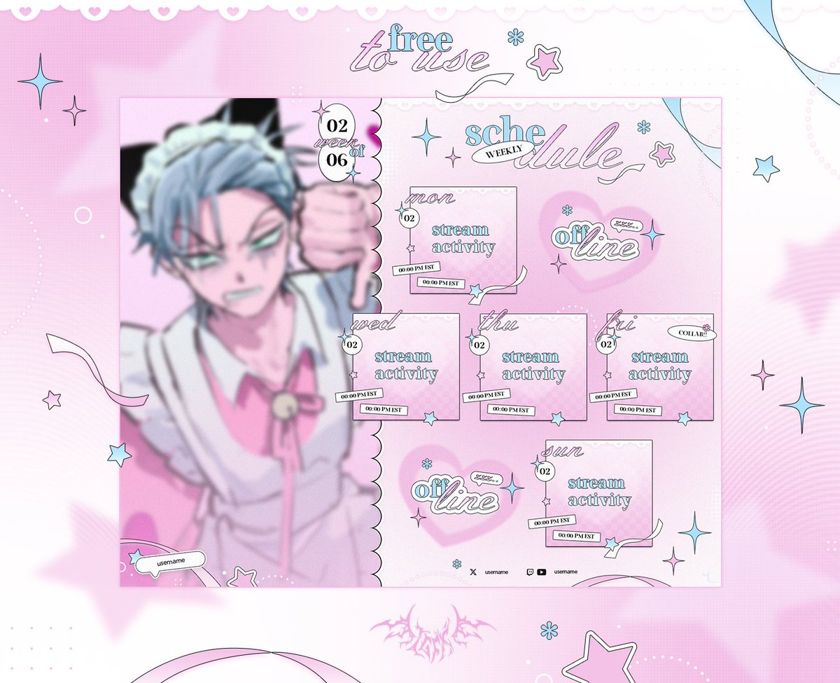 free to use ⋆ ˚｡⋆୨୧˚ cotton candy weekly schedule

customizable!! //with the hue tool//

LINK BELOW!! ↓↓ 
#VTuberAssets #ENVTuber #VTuber #VTuberUprising #f2u
