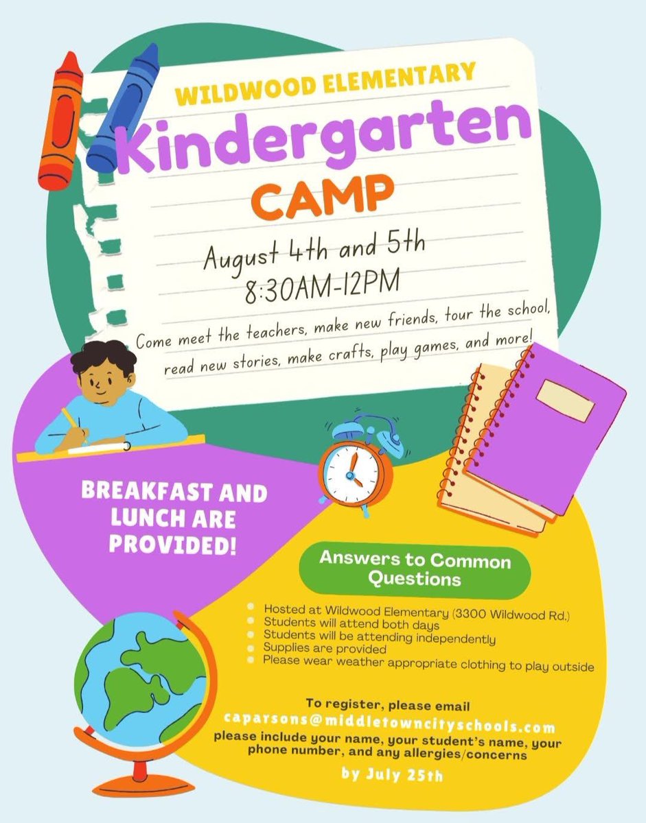Do you know of any incoming Wildwood Elementary kindergarteners this year? Please share this information with them! We would love to have them at camp. 💜