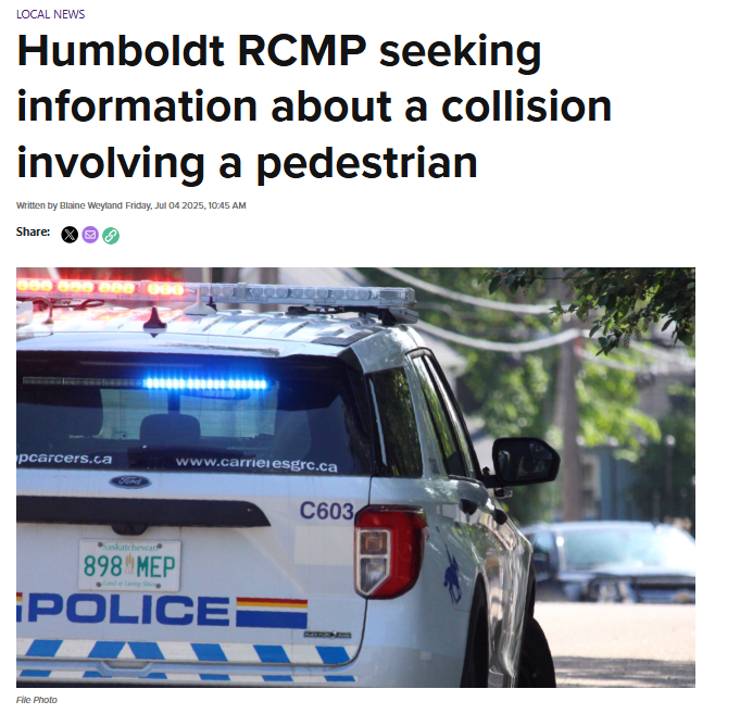 Humboldt RCMP are seeking the public’s help identifying a subject of interest / vehicle where a pedestrian was hit. Check out the story online at discoverhumboldt.