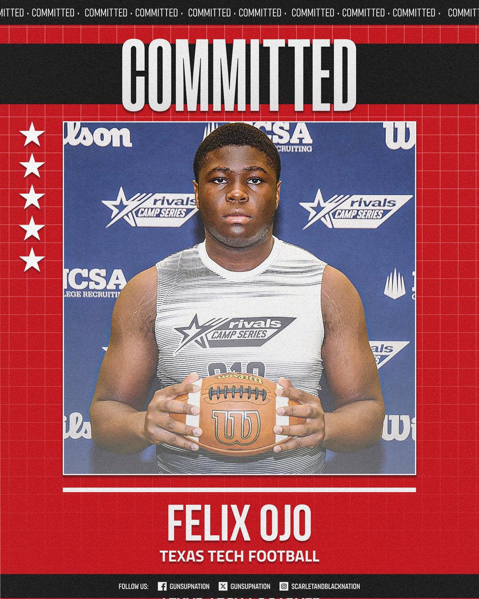 🏈 𝗖𝗢𝗠𝗠𝗜𝗧𝗧𝗘𝗗: Texas Tech Football has landed a massive commitment from 5⭐ OT Felix Ojo out of Lake Ridge (Mansfield, TX)!

Ojo is rated as the No. 1 OT and No. 5 overall prospect in the nation (247Sports). He chose the Red Raiders over Texas, Ohio State, Michigan, and
