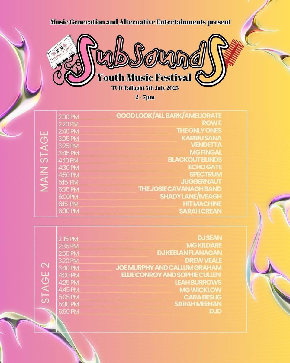 SDCCArts's tweet image. SubSounds Youth Music Festival is nearly here, with 150 young artists, 

2 outdoor stages
 A full day of unreal live music. 

🎪Saturday 5th July 2025 , 2-7pm
📍TU Dublin #Tallaght

🎤Rock, indie, acoustic, DJ sets, Open Mic &amp;amp; more

🎟️ It’s FREE!  eventbrite.ie/e/subsounds-yo…