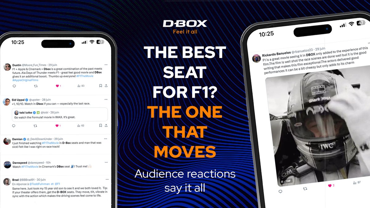 dboxtech's tweet image. If you haven’t seen #F1TheMovie in D-BOX yet, you’re missing out! 💥💺
hubs.la/Q03vWJs40
//
Si vous n’avez pas encore vu #F1TheMovie en D-BOX, vous manquez quelque chose! 💥💺 hubs.la/Q03vWH4L0