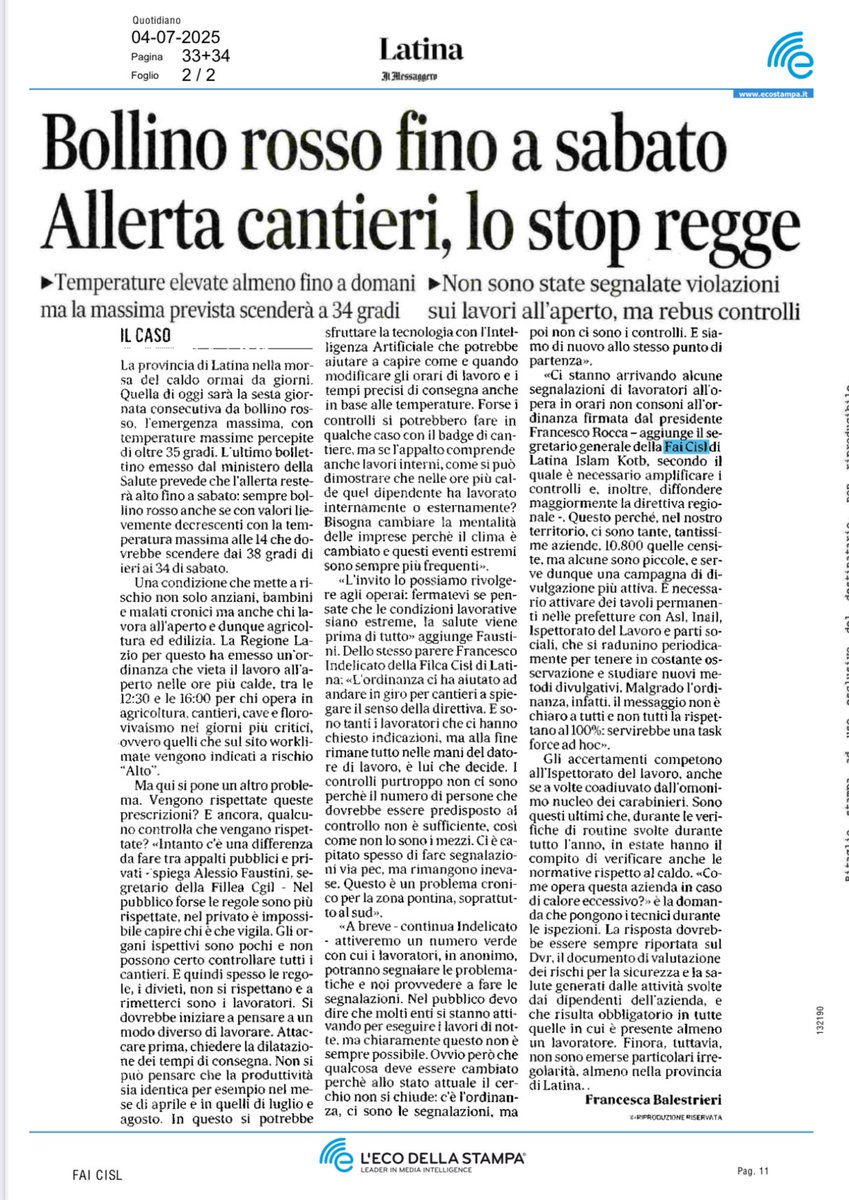 FAI CISL Latina (@fai_cisl_latina) on Twitter photo 🔴EMERGENZA CALDO: Nonostante l’ordinanza regionale e il nuovo protocollo nazionale, i lavoratori continuano a lavorare anche nei campi di #Latina durante l’orario di divieto. La #FaiCislLatina chiede con fermezza un potenziamento dei controlli per tutelare la salute di tutti. 🔴EMERGENZA CALDO: Nonostante l’ordinanza regionale e il nuovo protocollo nazionale, i lavoratori continuano a lavorare anche nei campi di #Latina durante l’orario di divieto. La #FaiCislLatina chiede con fermezza un potenziamento dei controlli per tutelare la salute di tutti.
