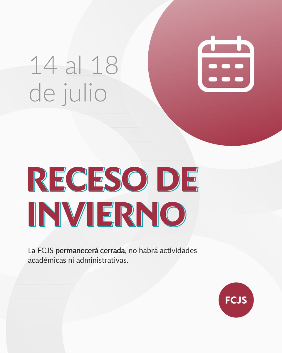 ➡️ Receso de invierno en la #FCJS

🔹️ El receso invernal académico será del lunes 7 al 18 de julio de 2025. Dentro de este período, se suspenden las actividades administrativas entre el 14 y el 18 de julio, por lo cual durante esa semana la Facultad permanecerá cerrada.