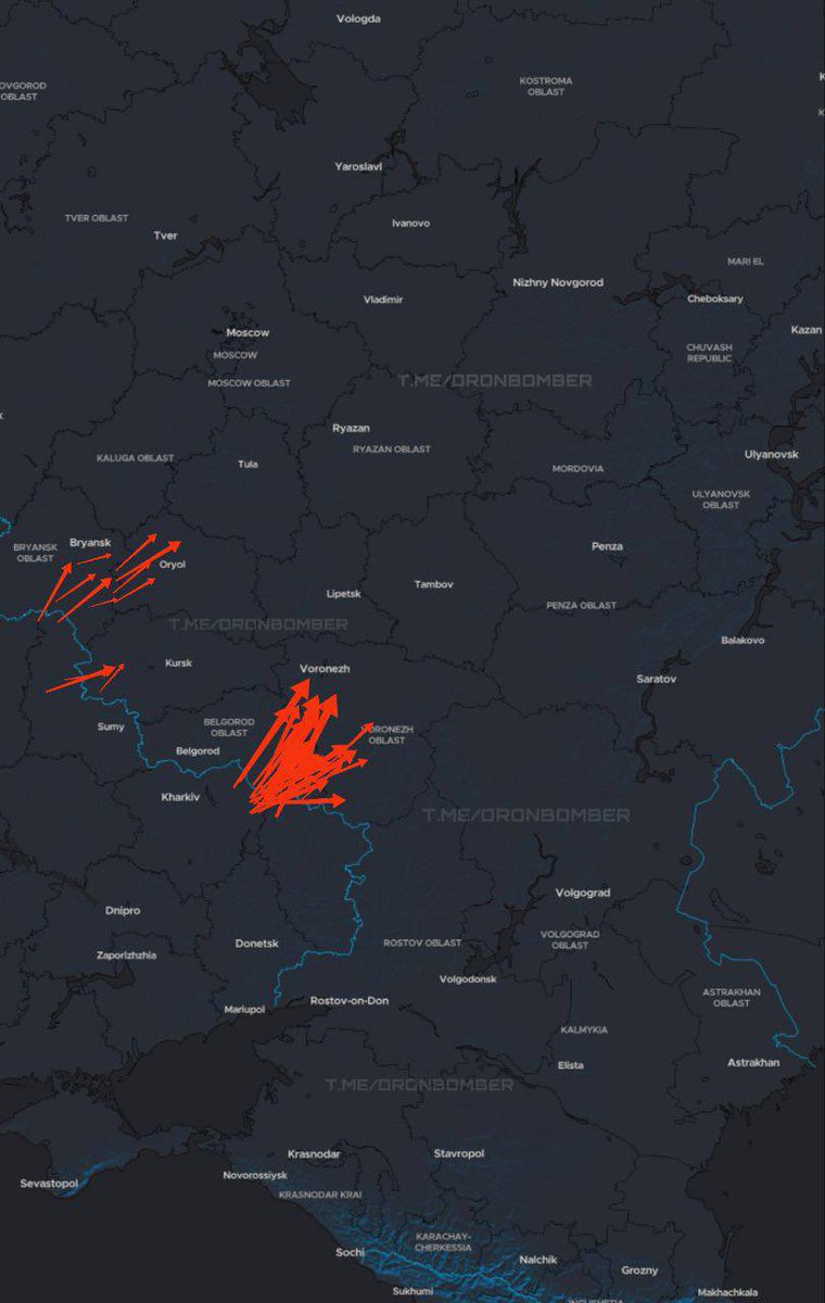 DrnBmbr's tweet image. 🇺🇦21:10 | 04/07
Approximate flight routes of our UAVs:
🔴 Red arrow – directions of loitering munition/strike UAVs;
All information regarding the routes is taken from Russian sources.