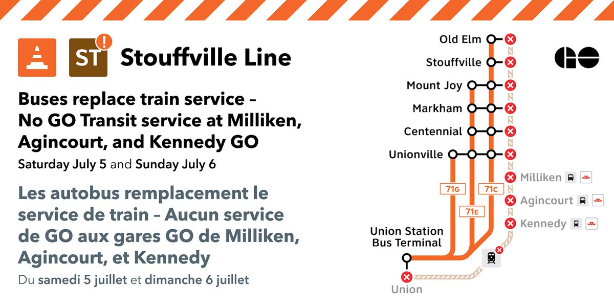 As part of the GO Expansion program, GO buses will replace trains on the Stoufville line on Saturday, July 5 and Sunday, July 6.

Visit gotransit.com for more informaton and to check schedules