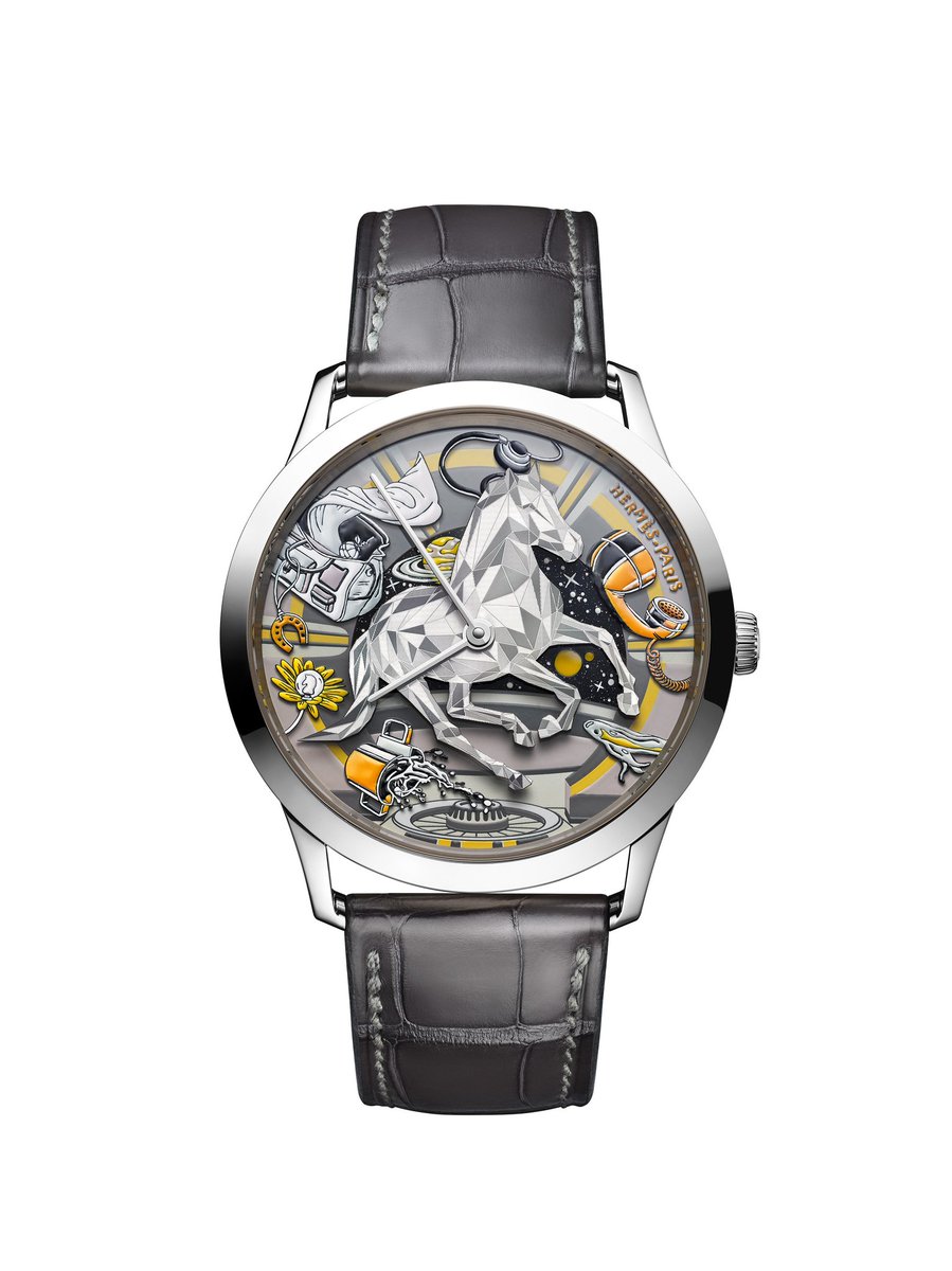 Découvrez le Slim d'<a href="/Hermes_Paris/">Hermès</a> Faubourg of Dreams, une œuvre d'art horlogère limitée à 24 exemplaires. Peinture miniature et gravure s'unissent dans un ballet cosmique, où un cheval minimaliste domine une sphère étoilée. 🌟⌚ horlogerie-suisse.com