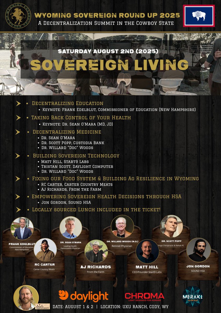 bitcoinand_beef's tweet image. Wyoming Sovereign Round Up
➡️ One month away - Aug 1-2nd
Day 1 - Progressing Bitcoin+Community in Wyoming
Day 2 - Sovereign Living
Location: UXU Ranch outside of Yellowstone NP - Cody, WY 🦬
Join a growing community who is focused on sovereign living 🤠
➡️…