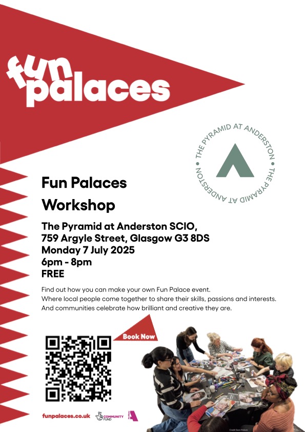 ScienceCeilidh's tweet image. Our long-term partners @FunPalaces are hosting a free workshop in Glasgow!
📍 The Pyramid, Glasgow
🗓️ Mon 7 July, 6–8pm
Connect, share ideas & explore how to create a Fun Palace in your community 🎉
👉 thepyramid.scot/events/event/f…
#FunPalaces #CommunityLedCulture