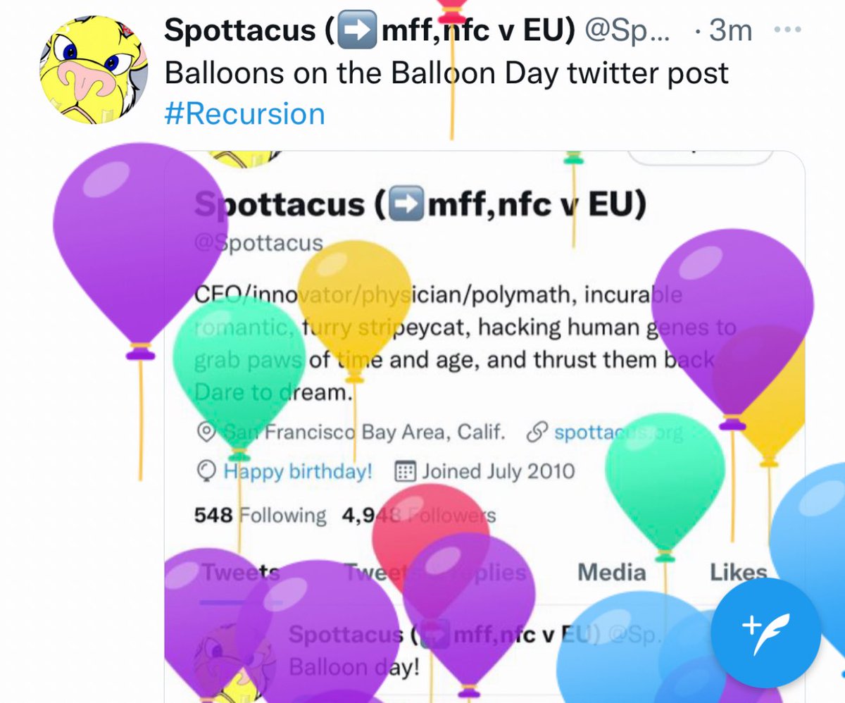Spottacus's tweet image. July 22nd will be my Bēs-centennial birthday! (pronounced: biece (like piece) centennial). If "semi-centennial" in Latin means "half-century," then two-thirds would be based on Latin for "two-thirds" (bēs or bēssis), to coin a new term (shown: balloons from the future).