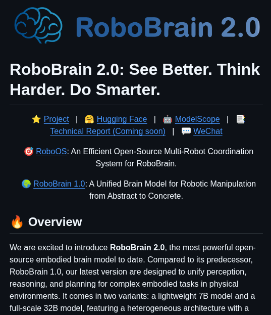 tom_doerr's tweet image. RoboBrain 2.0: open-source model for robotic reasoning, planning, spatial and temporal perception, and scene understanding