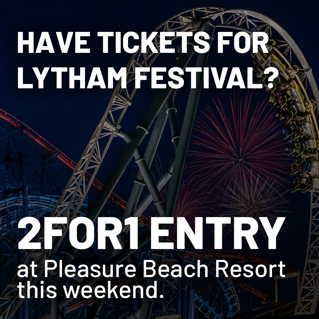 Have tickets for Lytham Festival? Bring your ticket to Pleasure Beach this Sat or Sun &amp; get 2for1 entry 🎟️

✨ Saturday = Late Night Riding (12hrs of thrills!)
Let’s turn the weekend into one to remember 💙
#LythamFestival #Blackpool