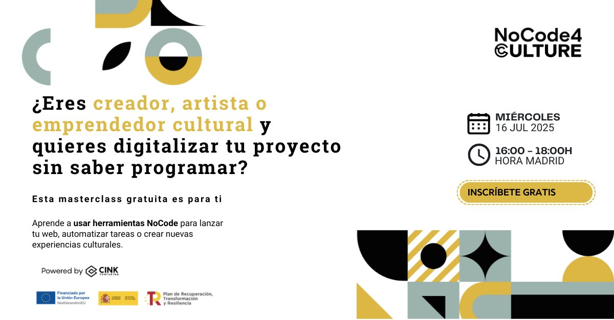 🎭 ¿Eres artista o emprendedor/a cultural y quieres digitalizar tu proyecto sin programar?

📅 El 16/07 te contamos cómo hacerlo con herramientas #NoCode
🎥 Evento online
🎟 bit.ly/40xyT4k
Etiqueta a quien no se lo puede perder 👇
#NoCode4Culture #CulturaDigital #ICC