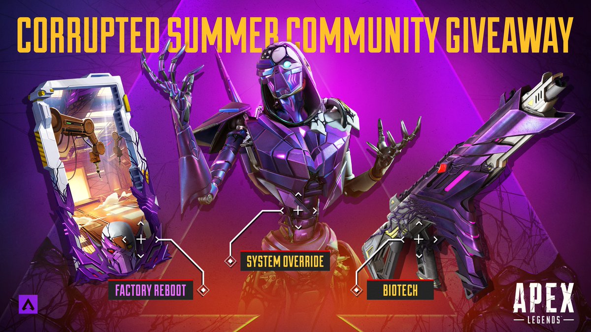 ⚡️- Hello les légendes!   

GIVEAWAY BUNDLE! 💜🧡

- Skin Revenant : System Override,
- Image de bannière: Factory Reboot
- Skin R301: Biotech

Pour participer : 

- Follow <a href="/ALadygame/">Alison LadyGame</a>
- RT ce post  🔁

TAS le 10/07!