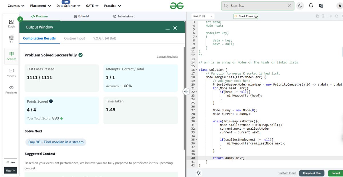 _aditya149_'s tweet photo. Day 97 of #gfg160 days of problem solving @geeksforgeeks 

Today's problem: merge k sorted list

Time complexity: O(n*k*log k)
Space complexity: O(k)

#geekstreak2025
#gfg #geeksforgeeks #coding #CodingChallenge #java #potd #dsa #problemsolving https://t.co/FYuu5VGf5C