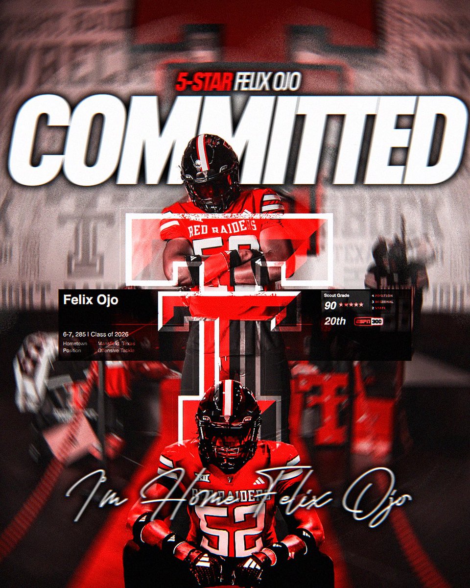 Texas Tech just got a commitment from 5-star OT and ESPN 300 No. 20 overall prospect Felix Ojo 🔥 <a href="/FelixTheOL/">Felix Ojo 🇳🇬</a> 

A massive win for the Red Raiders to get the No. 2 prospect in the state of Texas. They beat out Florida, Texas, Michigan, and Ohio State.