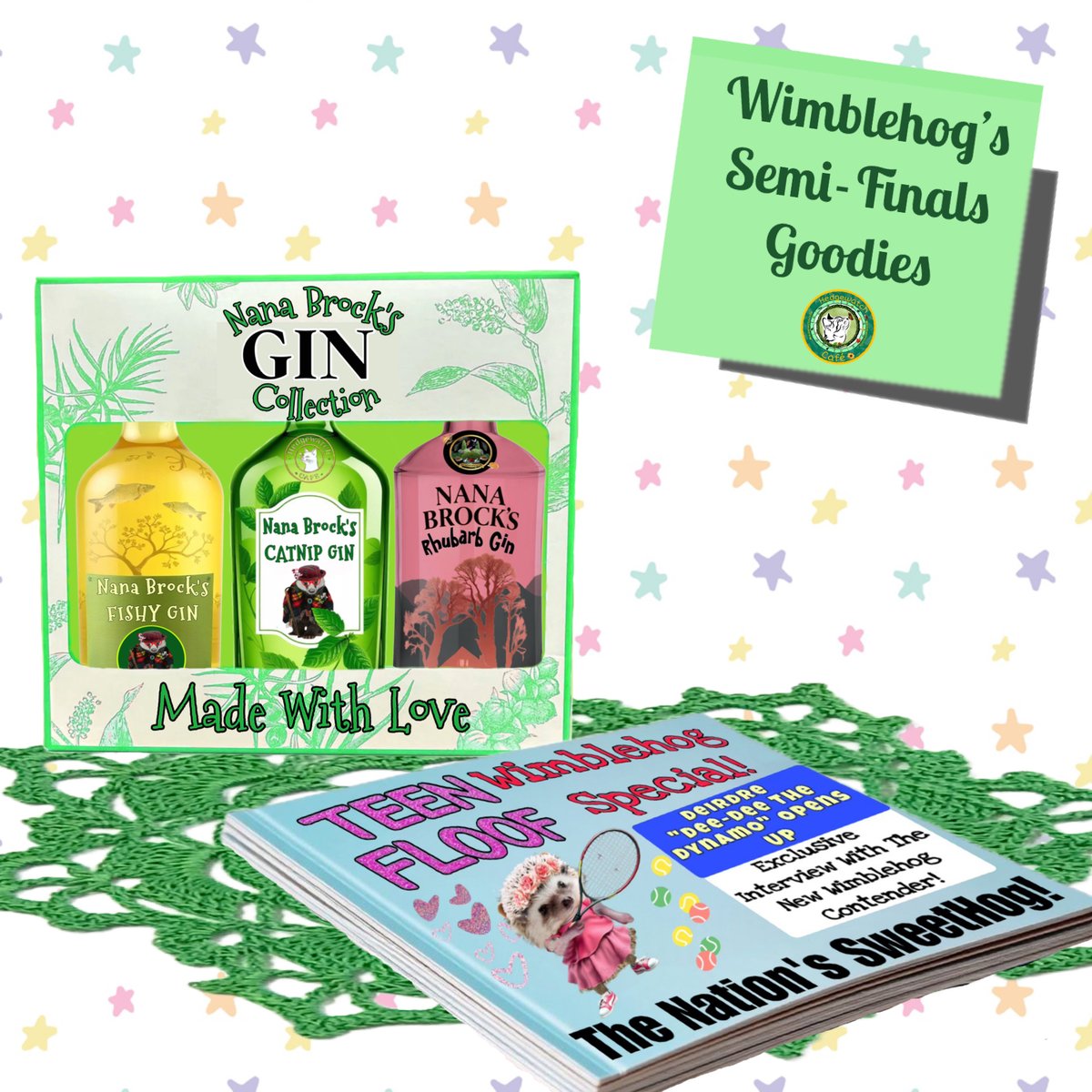 It’s the 2nd Wimblehog Semi-Final and all wait to see who Val will play in the final, next Saturday! All eyes are on dynamic teen hoglet Dee-Dee who has wowed the crowds😻 Meanwhile Mrs T is finalising a sponsorship deal with Nana Brock’s Beverages. Be sure to get your freebies!
