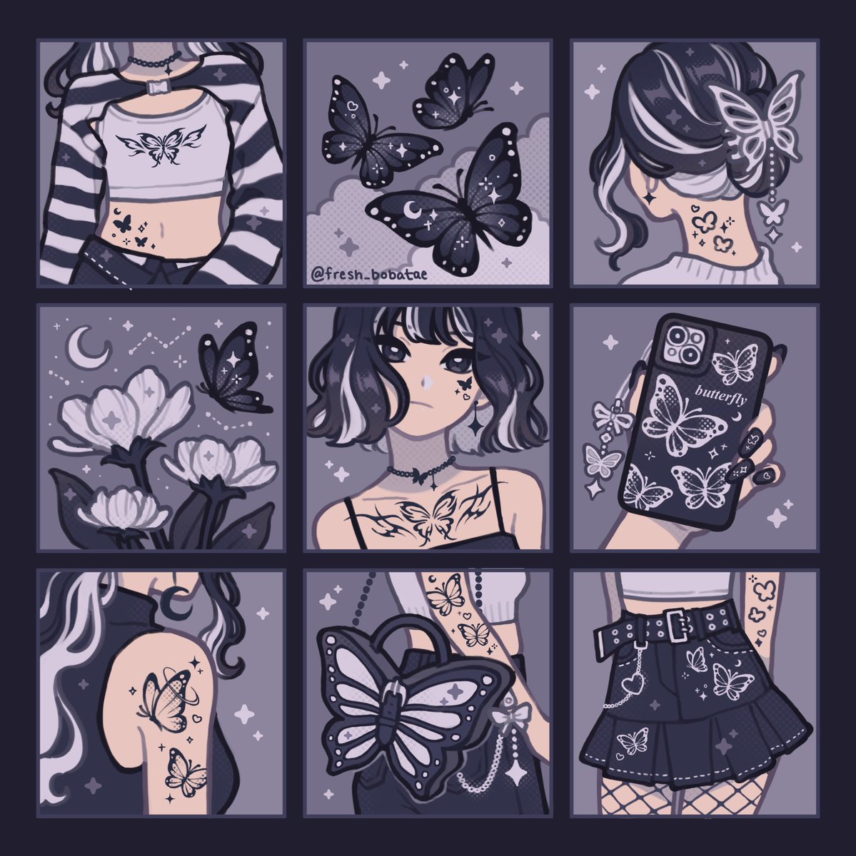 fresh_bobatae's tweet image. Butterfly moodboard: dark vs light mode 🖤 which vibe are you feeling? 🤩