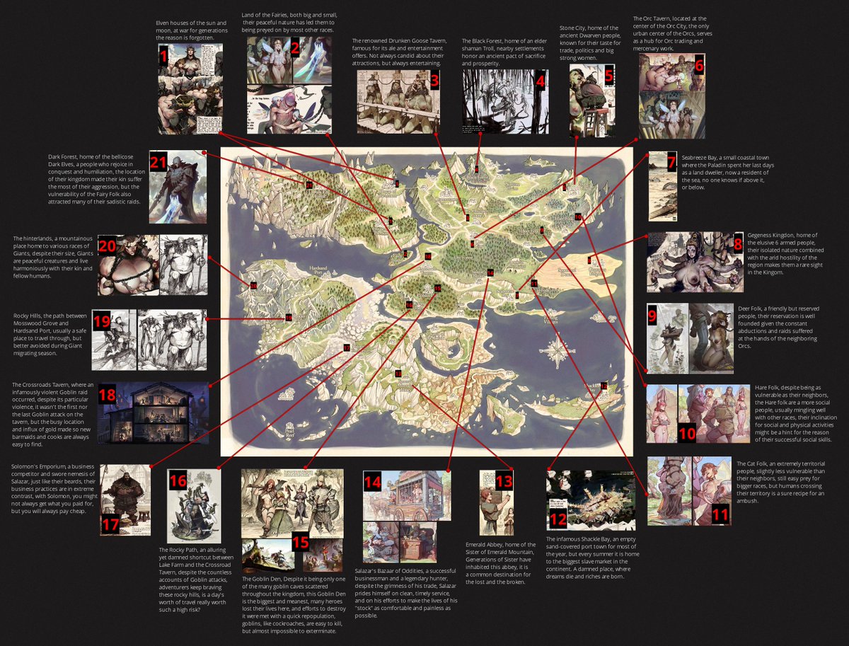 One of the extra pages I did for The Goblin Den book is a full Map of my Medieval Fantasy universe, it is full of references to my others series and stories, see if you can find some ^^