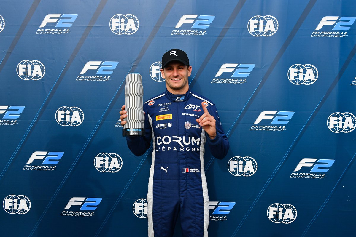 Formula2's tweet photo. Victor Martins was the winner of the @aramco Pole Position Award at Silverstone! 👏

F2 Technical Director, Pierre-Alain Michot, was on hand to give Victor the trophy! 🏆

#F2 #BritishGP https://t.co/4gHg9RC7JA