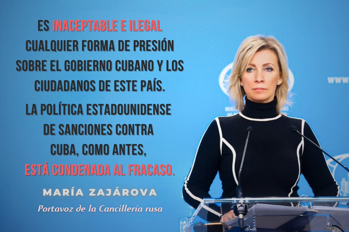 EmbRusCuba's tweet image. ‼️ Comentario de la representante oficial, portavoz de @mae_rusia, María Zajárova, en relación con el endurecimiento de las #sanciones contra Cuba por parte de Estados Unidos
#RusiaCuba
#CubaNoEstáSola