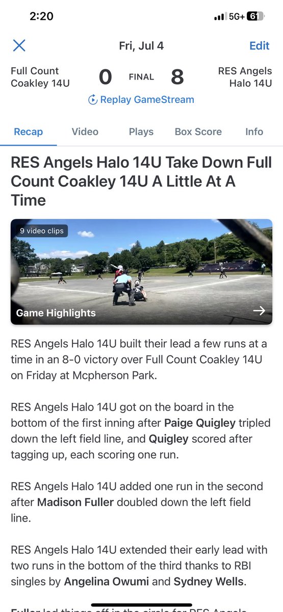 RES Angels 14U Halo with a big win to start the Lowell All-American Tournament