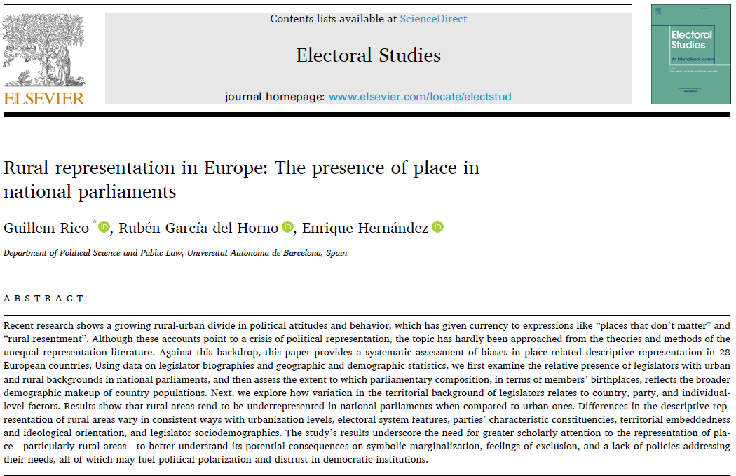 Guillem Rico (@gricocamps) on Twitter photo New #OpenAccess paper with <a href="/rGarciaDelHorno/">Rubén García Del Horno</a> <a href="/EHernandezPe/">Enrique Hernández</a> in <a href="/ElectoralStdies/">Electoral Studies</a>:
"Rural representation in Europe: The presence of place in national parliaments"
<a href="/norface_GOV/">Norface GOVERNANCE</a> <a href="/dec_gr/">DEC</a> <a href="/cpa_uab/">Ciencia Política UAB</a>
sciencedirect.com/science/articl… New #OpenAccess paper with <a href="/rGarciaDelHorno/">Rubén García Del Horno</a> <a href="/EHernandezPe/">Enrique Hernández</a> in <a href="/ElectoralStdies/">Electoral Studies</a>:
"Rural representation in Europe: The presence of place in national parliaments"
<a href="/norface_GOV/">Norface GOVERNANCE</a> <a href="/dec_gr/">DEC</a> <a href="/cpa_uab/">Ciencia Política UAB</a>
sciencedirect.com/science/articl…