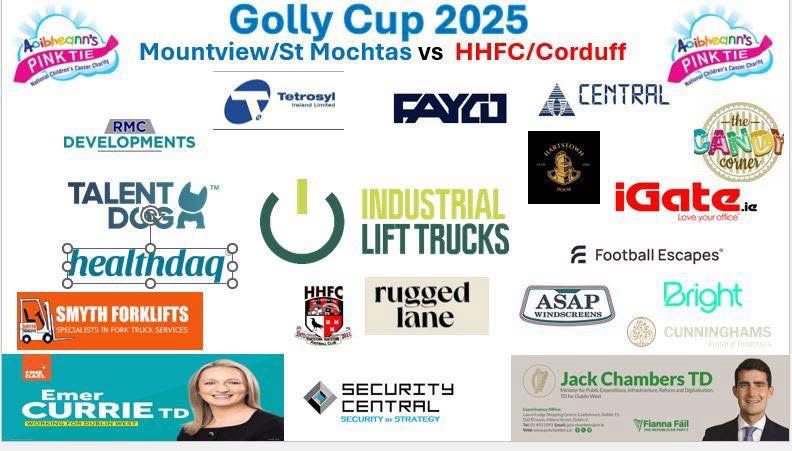 FUNDRAISER MATCH ⚽

Dublin 15 Golly Cup 🏆

🔵 Mountview / Saints
🆚
🔴 HHFC / Corduff

📍 Hartstown Park Pitch. 
📅 July 12th, Kick Off 3pm. 

🙌 All support welcome.
