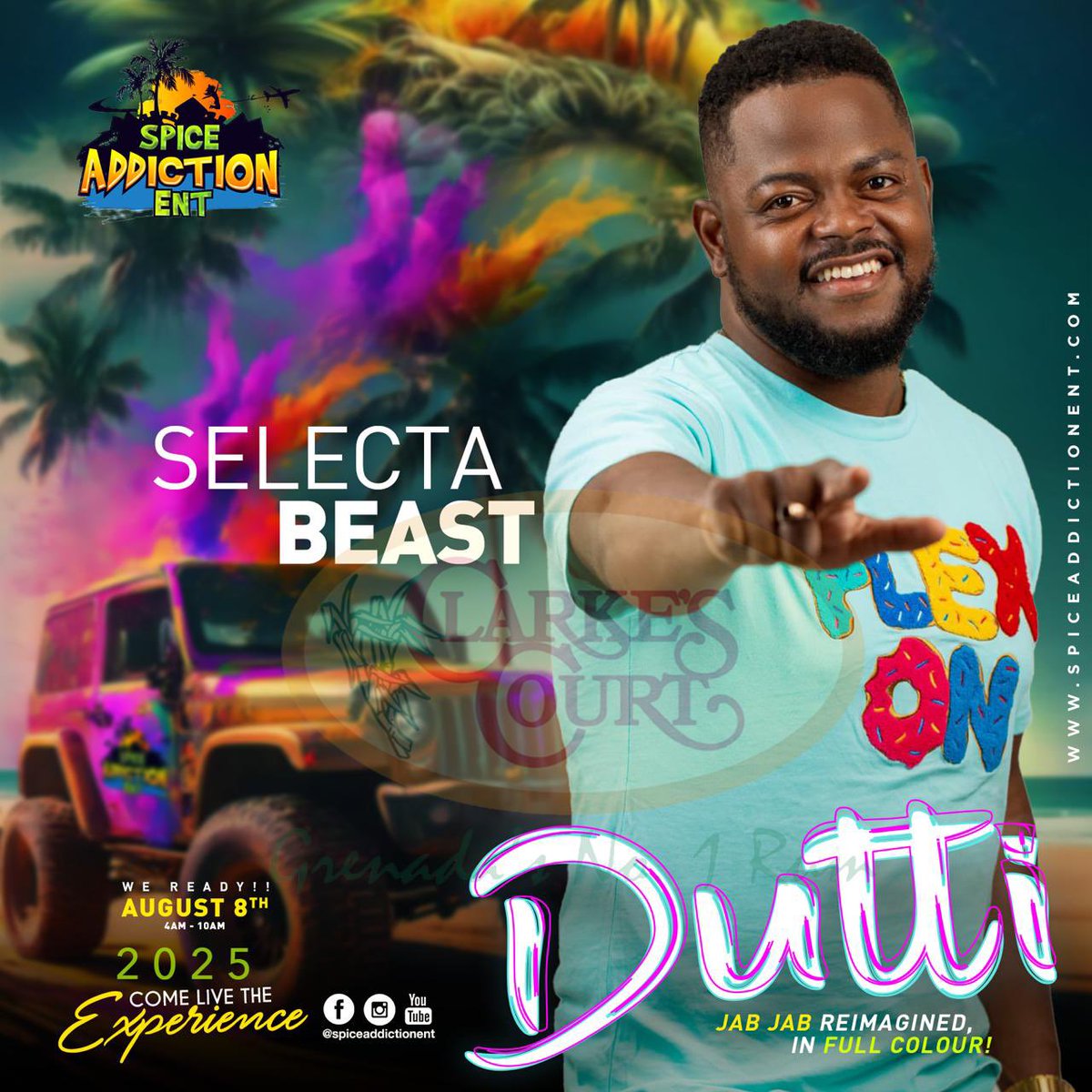 GrenadaCD's tweet photo. 🎧🔥We’re unleashing the architects of chaos! Introducing Selecta Beast DUTTI: Jab Jab Reimagined in Color 🎨💥

📍 Magazine Beach Concrete Strip
🗓️ Friday, August 8th | 4AM – 10AM | $80 EC $35 USD
🎟️ https://t.co/r3tnekmoaI
🍹 Free Clarke’s Court Rum Punch on entry! https://t.co/lLUxI1FMRG