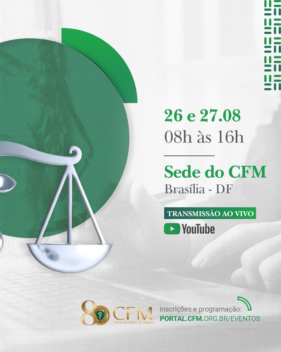 Vem aí o XII Congresso de Direito Médico do CFM! O evento será realizado nos dias 26 e 27/8, na sede do CFM, em Brasília (DF). A programação será presencial, com transmissão ao vivo pelo YouTube do Conselho. Em breve, mais informações!

#DireitoMédico #CongressoCFM #Medicina #CFM