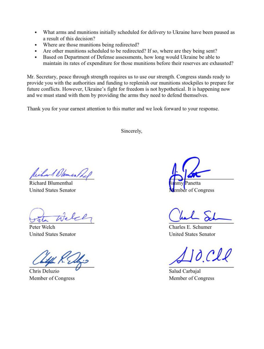 UkrReview's tweet photo. 🇺🇸🇺🇦 Senator Richard Blumenthal:

Proud to lead 17 Members of Congress demanding Sec. Hegseth reverse his dangerous decision to freeze munitions & arms shipments to Ukraine. This is precisely the wrong moment to curtail our aid. We must meet Putin’s brutal assault with the arms Ukraine needs to defend itself.

This cruel misstep contradicts President Trump’s recent NATO commitment of support—a mixed message emboldening Putin to continue his bloody attacks & atrocities & rejecting serious peace talks. We must stand with Ukraine.